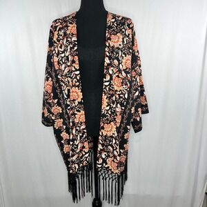 Ruby Rd Floral Kimono Open Front Fringe Bohemian Cardigan Black XL‎